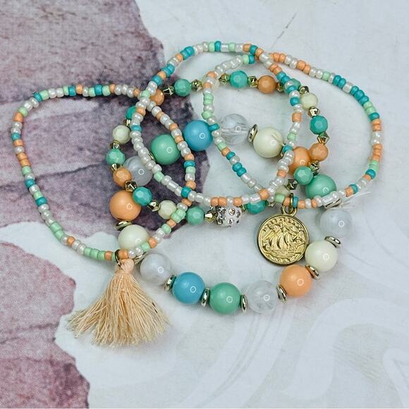 Set of 5 pastel beaded elastic band bracelets - Picture 1 of 8